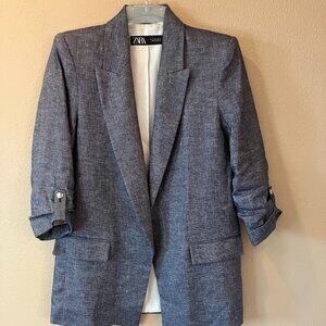 Zara Pale Blue Open Front Blazer Faux Pockets Womens Small
